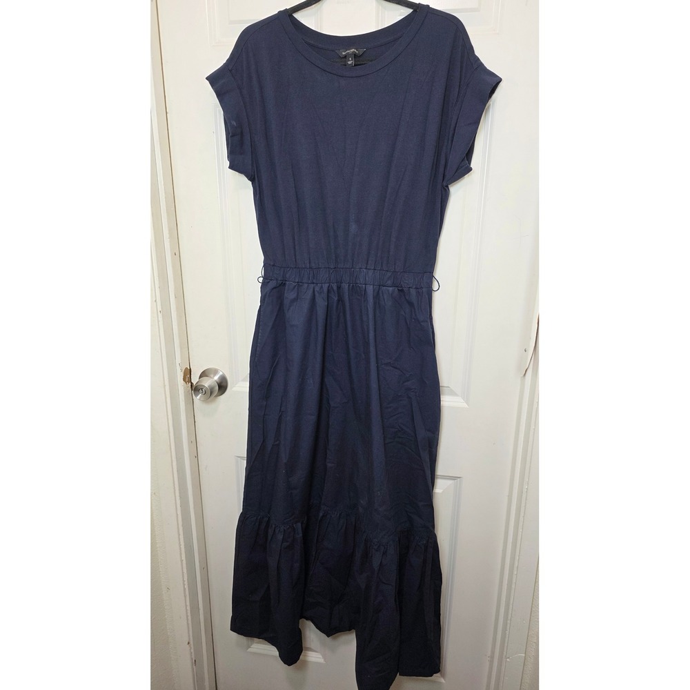 Banana Republic Dress Womens S Navy Blue Tiered Midi Cotton‎ Knit Mix Pocket